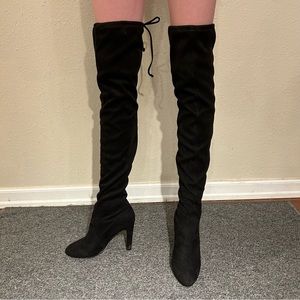 Express Black Suede High Heeled Boots w/Tie in Back, size 6 (SH01)